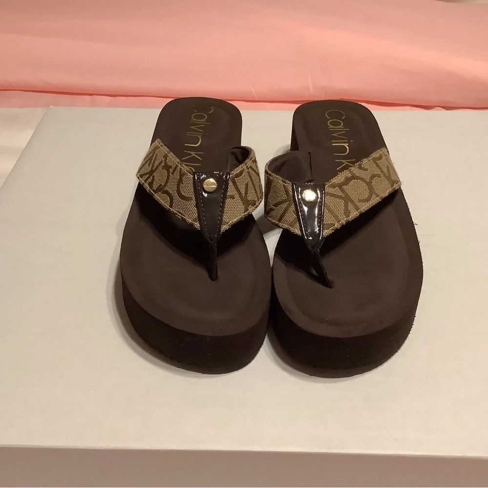 Calvin Klein Brown Logo Platform Flip Flops
